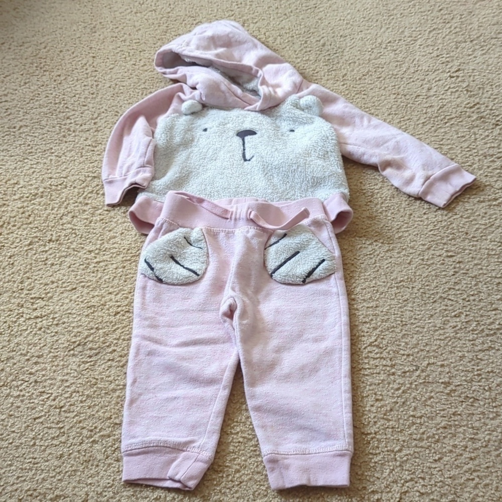 Baby Gap Pink & White Fuzzie Soft Hooded Sweatshirt & Joggers Set Size 18-24 M